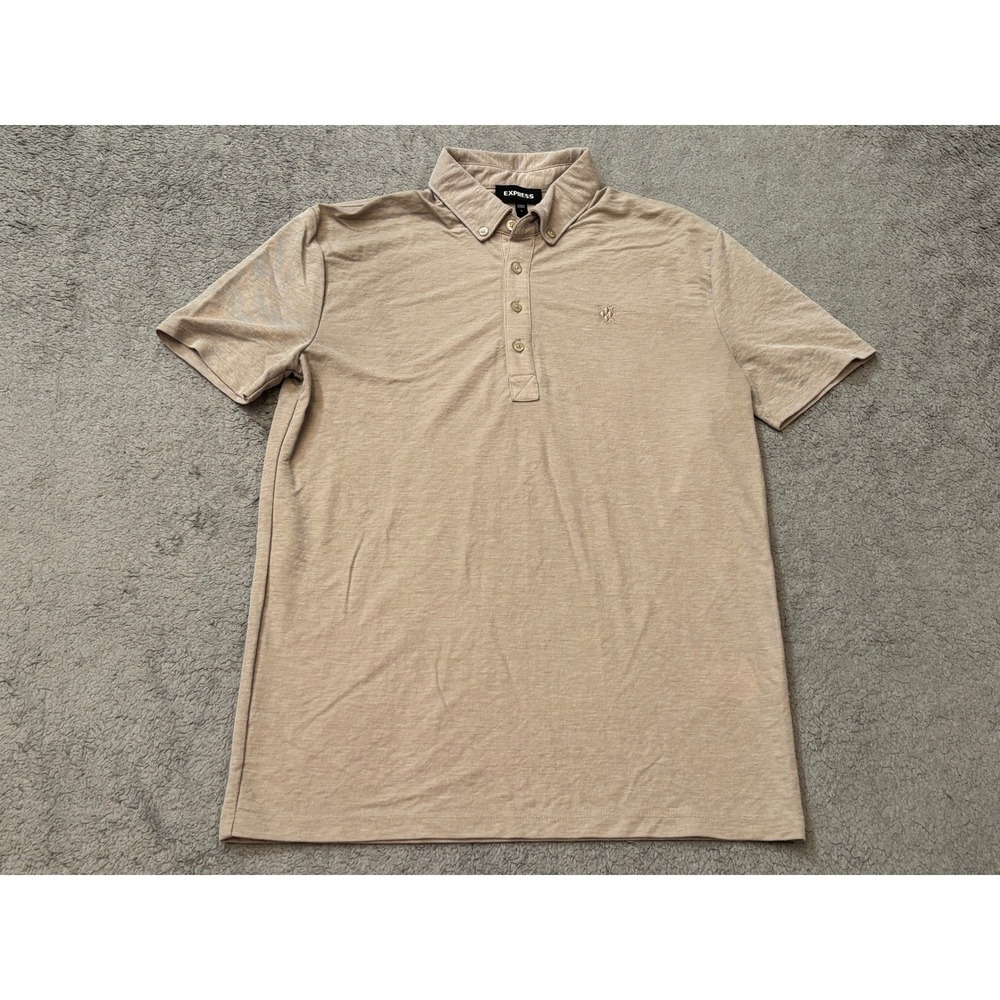 Express Mens Polo Shirt Small Tan Khaki Button Down Collar Short Sleeve Rayon